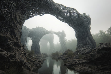 Stone arches create a tunnel effect in a foggy environment. Water reflects the structures. The sky is overcast. Trees line the horizon in this desolate, otherworldly place.の素材