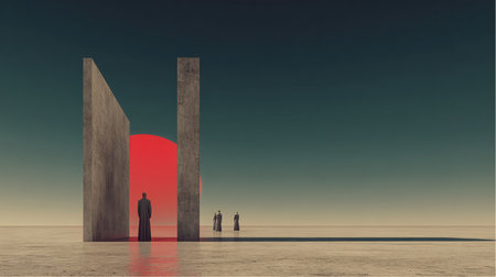 Men wearing dark coats stand on a tan surface with two concrete structures. A bright red sun appears behind them, casting light. More figures are visible in the distance under a teal sky.の素材