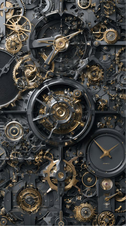 Several clock faces and hands appear within a dense arrangement of gears. Gold highlights accent the black mechanical parts of the detailed artwork.の素材
