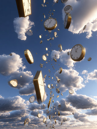 Several classic, golden, analog clocks are falling from above. These include both round and rectangular shapes. They descend against a bright blue, cloudy sky.の素材