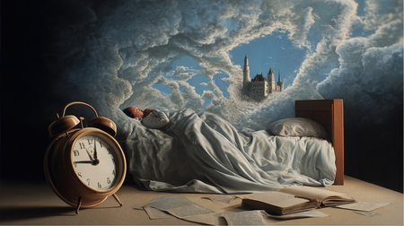 A small child sleeps peacefully in a bed with a cloudy dreamscape above. A castle floats in the clouds of the dream. An alarm clock and papers sit on the floor.の素材