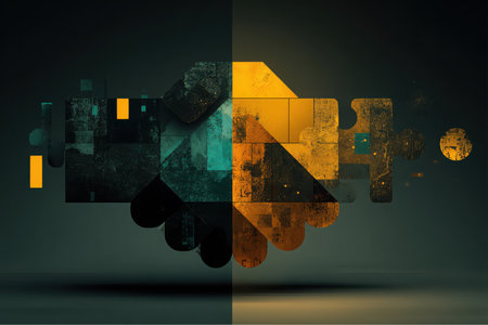 Two hands are depicted in an abstract manner, with geometric shapes and a textured finish. The left side features a green hue, while the right side showcases shades of yellow.の素材