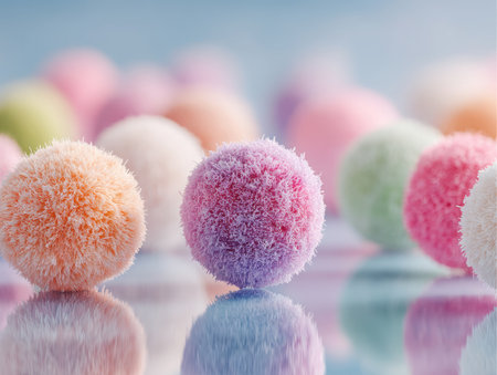 Close-up shows a collection of brightly colored, pastel sugary balls with a fluffy texture. Reflections appear underneath on a sleek surface, evoking a dreamlike, colorful confection.の素材
