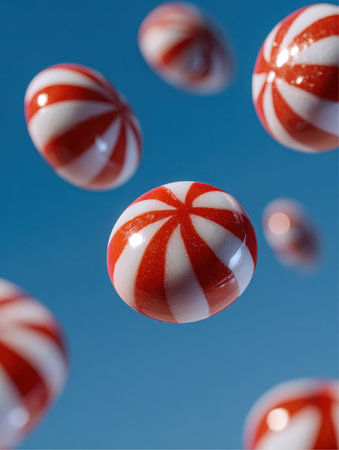 Several round peppermint candies with red and white stripes are suspended in mid-air. The background is a solid, bright blue color, creating a contrast with the festive sweets.の素材