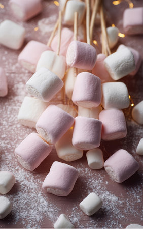 Many pink and white marshmallows sit on a pink surface, some threaded on wooden skewers, with sugar dust sprinkled around. Tiny lights twinkle in the background, adding a festive feel.の素材