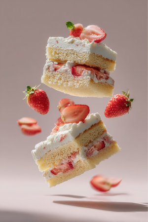 Two layers of Strawberry shortcake with whipped cream frosting and fresh Strawberries appear to float suspended in the air. Whole and sliced Strawberries surround the cake.の素材