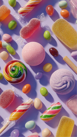 A variety of candies, like lollipops, gumdrops, jelly beans, and other assorted sweets, are scattered across a light purple background creating a colorful and appetizing pattern.の素材