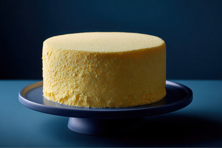 A simple yellow chiffon cake is displayed on a blue ceramic cake stand. The background is dark, drawing attention to the light-colored cake and stand.の素材