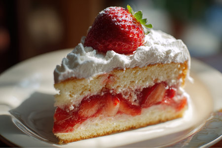 A delicious slice of strawberry shortcake sits on a white plate. The cake layers are separated by fresh strawberries and topped with whipped cream and a whole berry.の素材