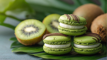 Three green macaroons are stacked on top of each other. Chocolate decorates the macaroons. Sliced and whole Kiwis sit behind the stack on a large green leaf.の素材