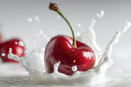 A single red cherry, complete with stem, plunges into a pool of white liquid. The impact creates a dramatic splash, sending droplets and sprays of the fluid in all directions.の素材