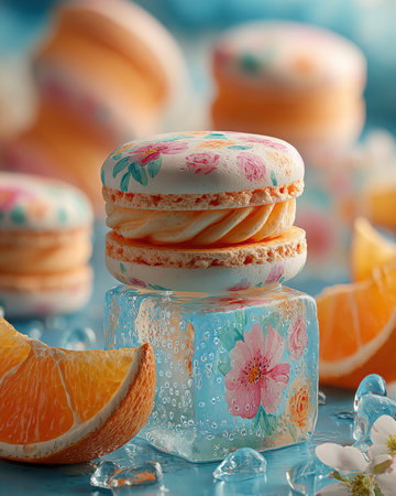 A colorful macaron with floral decorations sits on top of a painted ice cube. Orange slices and more macarons are in the background. The surface is clear, reflecting the macarons.の素材