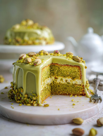A pistachio cake has a slice cut out, revealing the inside layers with cream filling. The cake is topped with pistachio glaze and nuts, sitting on a marble board with pistachios scattered around.の素材