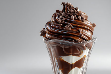 A delicious looking chocolate soft serve ice cream fills a clear parfait glass. It is topped with chocolate chips and has layers of vanilla and chocolate ice cream visible through the glass.の素材