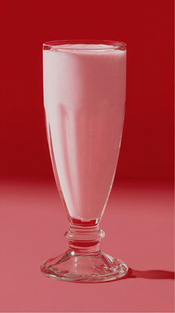 A clear tall glass, filled to the top with a creamy pink strawberry milkshake, sits on a pink surface with a red background, under a bright light. The milkshake appears smooth and ready to drink.の素材