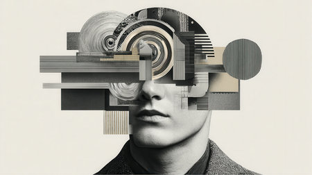 A portrait of a man with geometrical shapes surrounding his head. These shapes include lines, circles, and other patterns, creating an abstract and artistic impression.の素材
