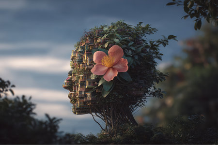 A surreal composition features a human head in profile made of many small houses and trees. A large, pale pink flower with a yellow center sits near the 'ear' of the profile.の素材