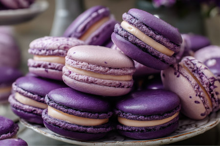 A pile of several purple and lavender colored macarons rests on a decorative plate. The sweet treat looks tempting and fresh, with a light-colored filling between the cookie shells.の素材