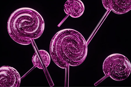 Several round purple lollipops are displayed. The lollipops have a spiral design and glitter inside. They float against a solid black backdrop.の素材