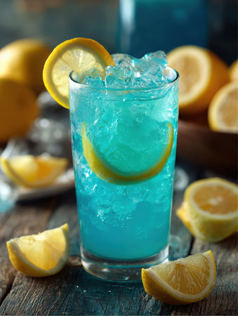 A tall glass is filled with a vibrant blue drink and crushed ice, garnished with lemon slices. Lemon wedges are scattered around on a weathered wood surface adding to the refreshing feel.の素材