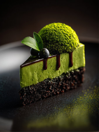 A triangular slice of decadent dessert features a dark cake base, a green mousse layer, and a matcha-covered dome. It's drizzled with chocolate and garnished with leaves and berries.の素材