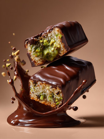 Two pieces of candy, covered in dark chocolate and filled with pistachios, float above a splash of chocolate. Pistachio pieces are also scattered around the treat.の素材