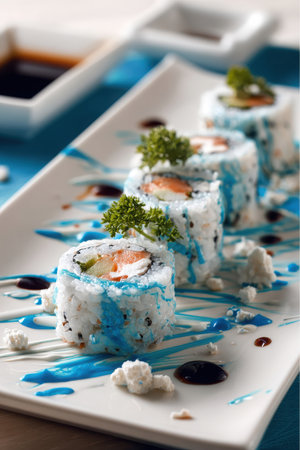 Delicious looking sushi rolls are arranged on a white rectangular plate decorated with blue drizzle and edible white foam. Soy sauce is visible in the background.の素材