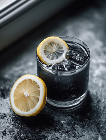 A short glass filled with a dark charcoal lemonade and ice cubes sits on a countertop. A lemon slice garnishes the drink and another lemon half is next to the glass.の素材