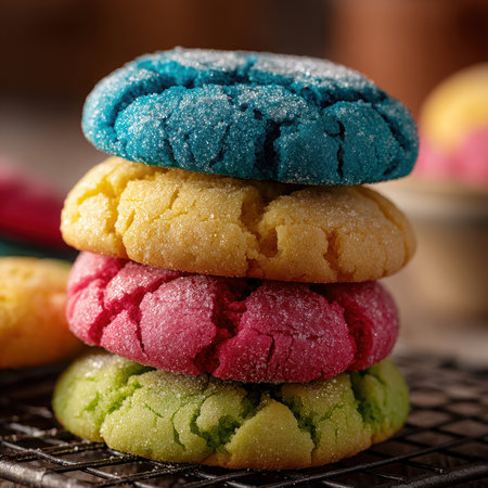 A close up shot shows a stack of four colorful sugar cookies. The cookies, colored blue, yellow, red, and green, are stacked on a black wire cooling rack. The cookies are coated with sugar.の素材