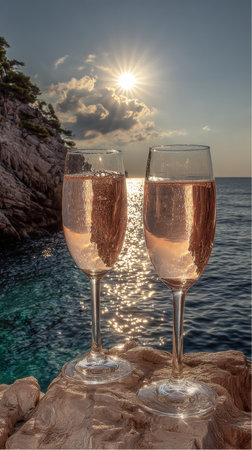 Two full glasses of rose champagne are placed on rocks. The Mediterranean Sea stretches out into the distance. A cliff is visible on the left. The sun sets over the water, creating a sparkling effect.の素材
