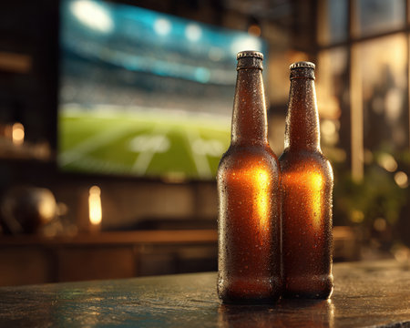 Two brown beer bottles with condensation sit close together on a dark bar counter. A football game plays on a television screen in the background, suggesting a sports watching event.の素材