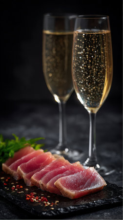 Slices of rare seared tuna are served on a slate board, accompanied by two glasses of sparkling champagne. Pink peppercorns and a sprig of parsley add flavor.の素材