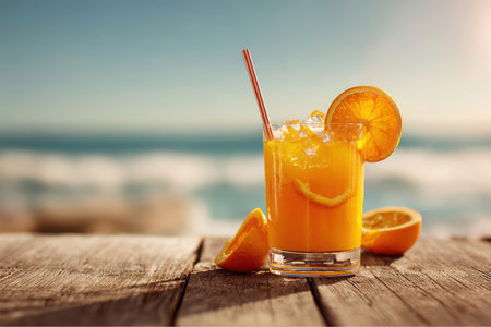 Refreshing orange juice filled with ice is garnished with orange slices and straw. It rests on a rustic wooden table with a beach and ocean in the background.の素材