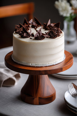 A delicious vanilla cake is decorated with chocolate shavings and frosting rosettes. The cake is displayed on a decorative wooden cake stand in an indoor dining setting.の素材