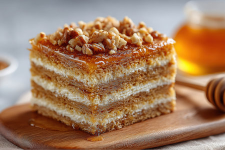 A square piece of layered honey cake rests on a wooden board, topped with chopped nuts and a generous drizzle of honey, next to a jar of honey and dipper.の素材