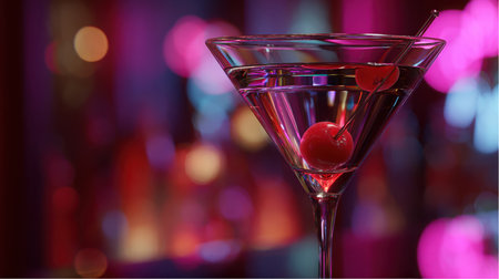 A clear martini glass filled with a drink and two cherries sits in front of a blurred background of purple, pink, and yellow lights. The cherries are speared with a cocktail pick.の素材