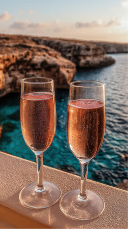 Two glasses filled with rose wine stand on a balcony. In the background, the turquoise Mediterranean Sea meets rocky cliffs during a warm sunset in the evening.の素材