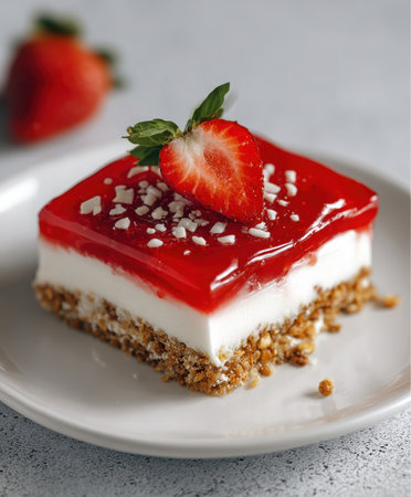 A square of Strawberry dessert rests on a white plate. The dessert has a crust, a creamy filling, and a shiny red glaze topped with a strawberry and white sprinkles.の素材