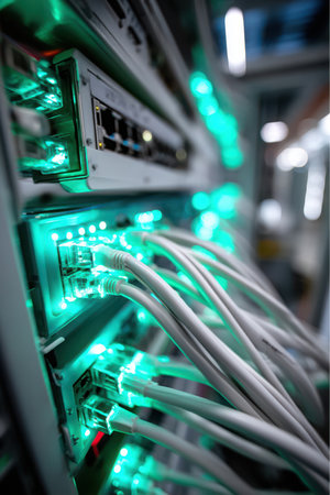 Close-up shows white ethernet cables plugged into network switches in a server room. Green lights blink, signaling data transmission. Racks line the wall in a Data Center.の素材
