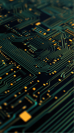 A detailed close-up showcases a circuit board featuring many narrow, green pathways interconnected with glowing, gold connectors. The design creates an abstract yet functional pattern.の素材