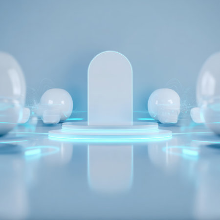 A minimalist presentation stage features blue neon accents, white abstract figures, and reflective flooring. The setting evokes a futuristic or artistic environment for product display.の素材