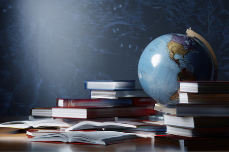 A Globe stands on a stack of closed books. Open books are scattered across a table. The scene suggests Education, learning, and the pursuit of Knowledge. The light is somewhat dim.の素材