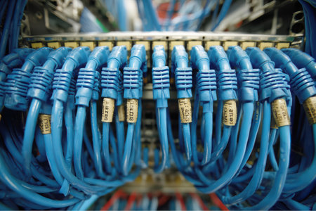 Group of connected blue network cables are plugged into multiple ports of a server in a data center. Each cable is labeled for identification.の素材