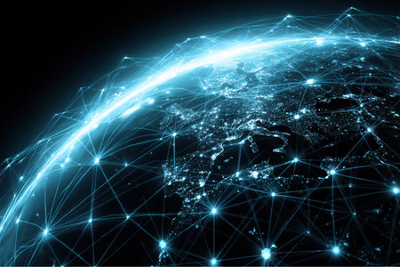 A global network connection is illustrated by interconnected lines, emanating from node points, indicating the reach of technology and information exchange over Europe.の素材