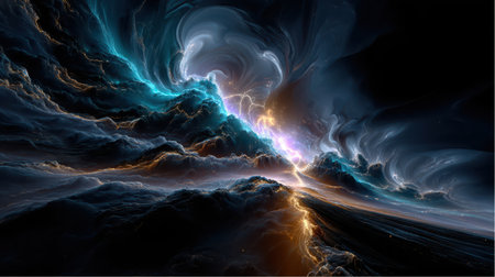 A visually striking abstract composition featuring swirling dark nebula clouds illuminated by teal, white, and gold celestial light. Lightning bolts strike through the gaseous formations.の素材
