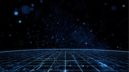 Glowing blue particles float in a black space with faint starlight above a grid pattern of glowing blue lines. The grid appears to curve upwards as it recedes.の素材