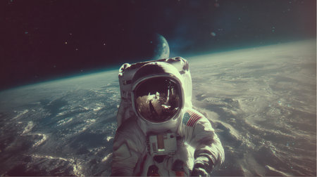 An astronaut in a spacesuit floats above Earth during a daytime mission. The curved horizon is visible below, and another planet is faintly seen in the distance.の素材