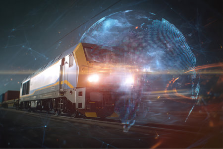 A freight train locomotive speeds down tracks with a digital representation of the Earth superimposed, symbolizing global connectivity and efficient worldwide transportation services.の素材
