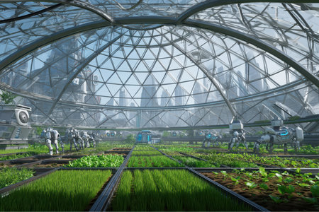 Robots are cultivating plants inside a large glass dome greenhouse. Various crops grow in rectangular plots. Outside, a futuristic city skyline is visible, establishing a future Farming concept.の素材