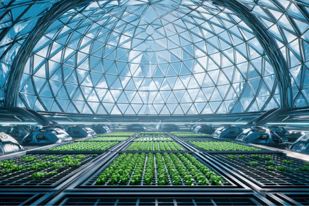 Vertical farming occurs in a dome environment on Mars. Rows of cultivated plants are arranged in grid-like formation, supported by advanced technology for optimal growth.の素材